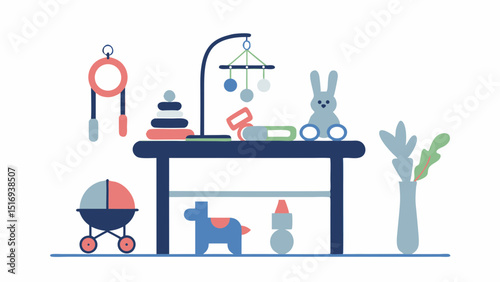 A playful assortment of baby toys creating a cheerful nursery scene with clean minimalist vectors