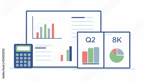 Charts and calculator showing budget planning with Q2 and 8K review with simple cartoon illustration