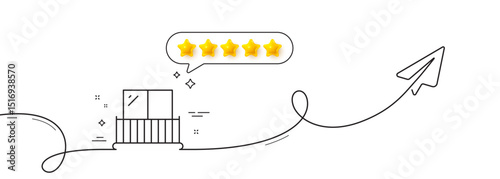 Balcony line icon. Continuous line with share plane. Building balconet sign. Apartment terrace symbol. Five star rate review in speech bubble. Balcony single line ribbon. Loop curve pattern. Vector