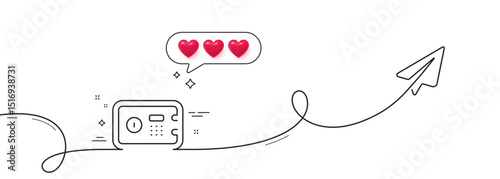 Safe box line icon. Continuous line with share plane. Secure deposit sign. Hotel service symbol. Hearts rate review in speech bubble. Safe box single line ribbon. Loop curve pattern. Vector