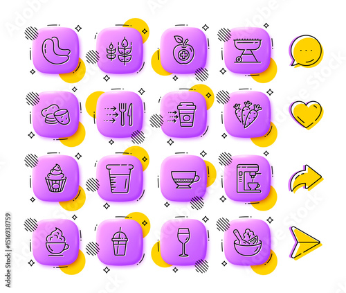 Coffee maker, Gluten free and Grill line icons. App 3d buttons. Social media comment, share, like icons. Pack of Medical food, Food delivery, Coffee cocktail icon. Vector