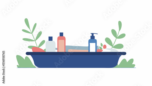 A calming bath scene with skincare products and plants evoking relaxation and self care with flat