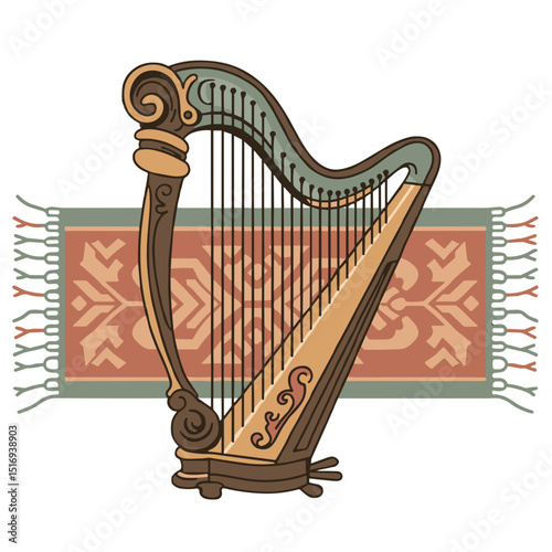 Harp with carved elements and smooth lines against textile background  