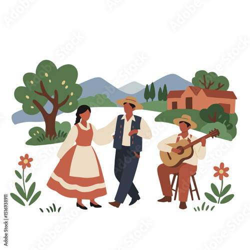 Couple dancing joyfully while musician plays guitar in countryside