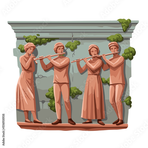 Four musicians playing flutes in classical style relief artwork 
