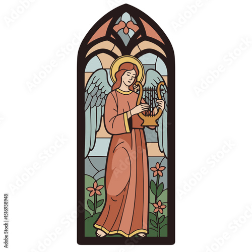 Angel holding a lyre and flowers in a stained glass window design  