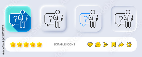 Search employee line icon. Neumorphic, Flat shadow, 3d buttons. Interview candidate sign. Question mark symbol. Line search employee icon. Social media icons. Vector
