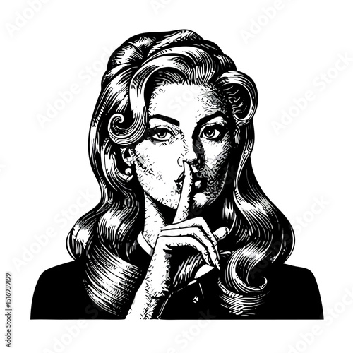 Woman with Finger on Lips, Vintage Style Illustration