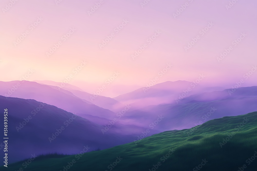 Fototapeta premium Misty green hills rolling under a pastel sunrise, soft pink and purple tones touching the horizon 