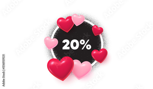 Discount frame love banner. Circle photo frame. 20 percent off sale tag. Discount offer price sign. Special offer symbol. 3d hearts balloons. Grain dots pattern. Vector