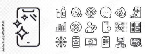 Milk, Smartphone recovery and Airplane mode line icons for web app. Glare of light effect. Message icon. Pack of Entrance, Freezing timer, Checklist pictogram icons. Vector