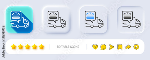 Food delivery truck line icon. Neumorphic, Flat shadow, 3d buttons. Contactless meal order sign. Grocery delivery symbol. Line food delivery icon. Social media icons. Vector