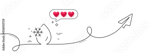 Freezing water line icon. Continuous line with share plane. Freeze cold temperature sign. Fridge function symbol. Hearts rate review in speech bubble. Freezing water single line ribbon. Vector