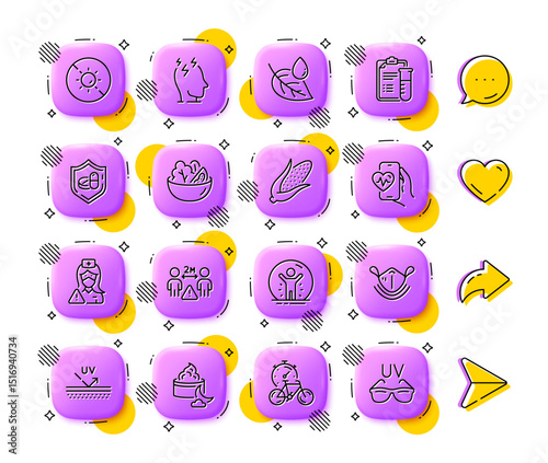 Bike timer, Corn and Night cream line icons. App 3d buttons. Social media comment, share, like icons. Pack of Salad, No sun, Medical tablet icon. Vector