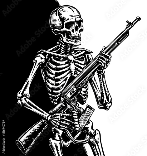 Skeleton Soldier Holding Rifle: Black and White Art