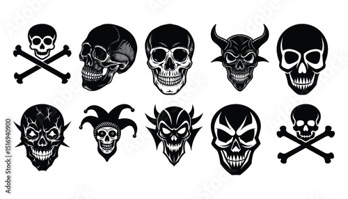 Set of detailed black and white skulls with different variations for tattoo designs