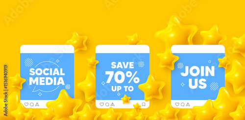 Discount social media post. Join us template mockup. Save up to 70 percent tag. Discount Sale offer price sign. Special offer symbol. Like, comment and share icons. Vector