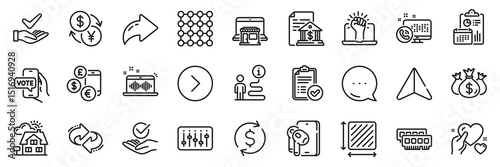 Currency rate, Currency exchange and Refresh line icons pack. Share, Message, Paper plane icons. Dollar exchange, Earphones, Forward web icon. Approved report, Square area, Density pictogram. Vector