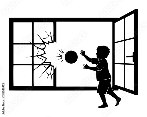 kid breaking window with ball silhouette vector illustration
