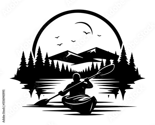 kayaking in lake with mountain view vector illustration
