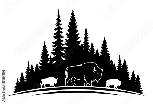 forest bisons silhouette vector illustration