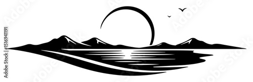 sunset over mountain lake silhouette vector
