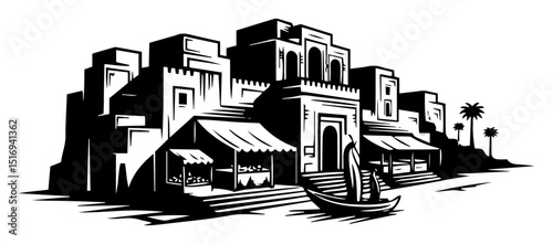 middle eastern village silhouette vector
