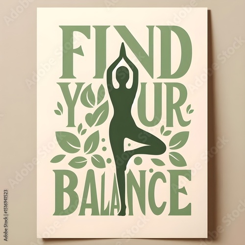Motivational yoga poster with ‘Find Your Balance’ text, simple tree pose silhouette, calming beige and green colors, perfect for yoga studios and wellness spaces

