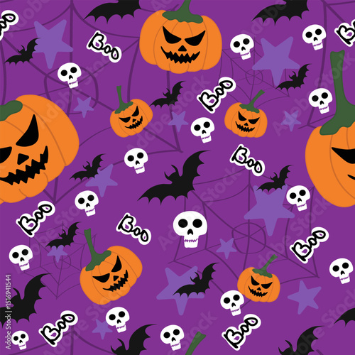 Purple Halloween seamless pattern with pumpkins, bats, skulls and Boo text