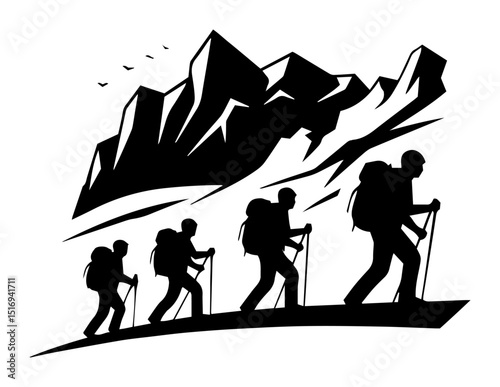 hikers trekking in mountains black vector shape