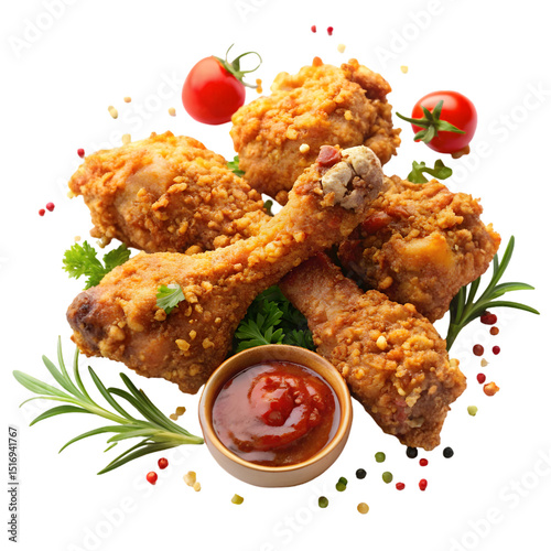 Fried chicken drumsticks midair with spices and sauce photo
