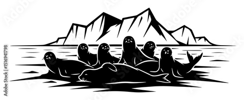 group of seals resting on ice black vector shape