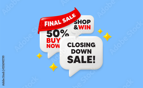 Closing down sale speech bubbles. Final sale flag ribbon. Closing down sale. Special offer price sign. Advertising discounts symbol. Discount chat bubbles with 3d sparkles. Vector