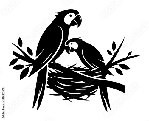macaws in nest on tree branch black vector shape