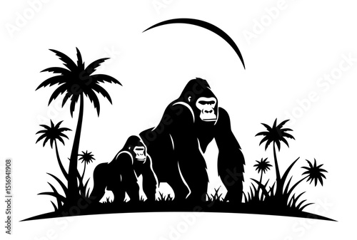 gorilla with baby in jungle black vector shape