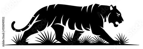 tiger stalking through grass black vector shape