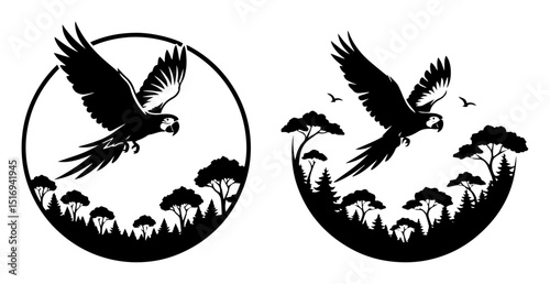 macaw flying over rainforest black vector shape