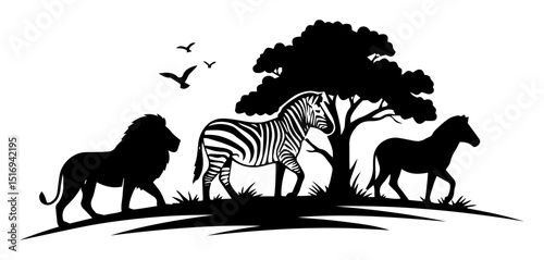 african savanna animals under tree black vector shape