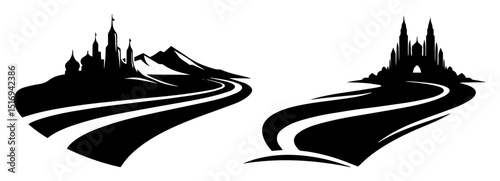 curved road to medieval city silhouette vector shape