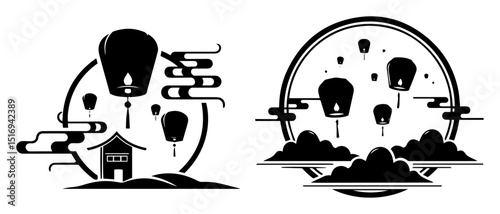 hot air balloons flying over landscape silhouette vector shape