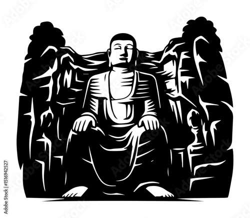 buddha statue carved in rock cliff silhouette vector engraving black shape