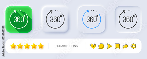 360 degrees line icon. Neumorphic, Flat shadow, 3d buttons. Panoramic view sign. VR technology simulation symbol. Line 360 degrees icon. Social media icons. Vector