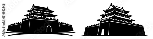 chinese gate towers silhouette vector engraving black shape