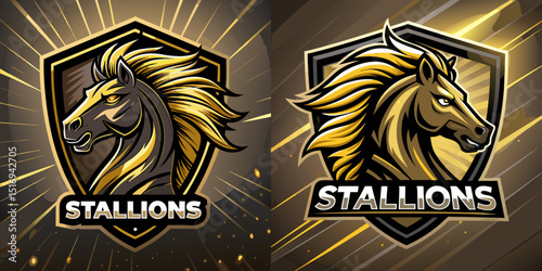 Powerful golden stallion mascot logos with bold shield backgrounds, ideal for esports branding, team identity, or competitive sports design, vector