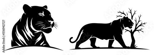 asian tiger wild animal black silhouette laser cutting and engraving vector shape
