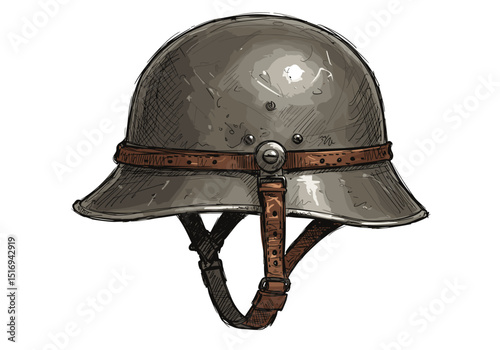 Antique military helmet with leather strap and vintage design  