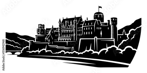european hilltop castle black silhouette laser cutting and engraving vector shape