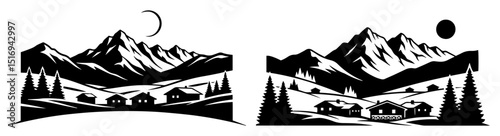 alpine mountain village black silhouette laser cutting and engraving vector shape