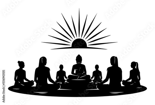 group sunrise yoga meditation black silhouette shape