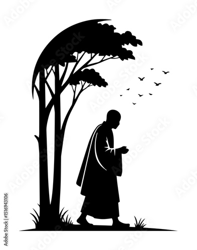 buddhist monk walking forest black silhouette shape